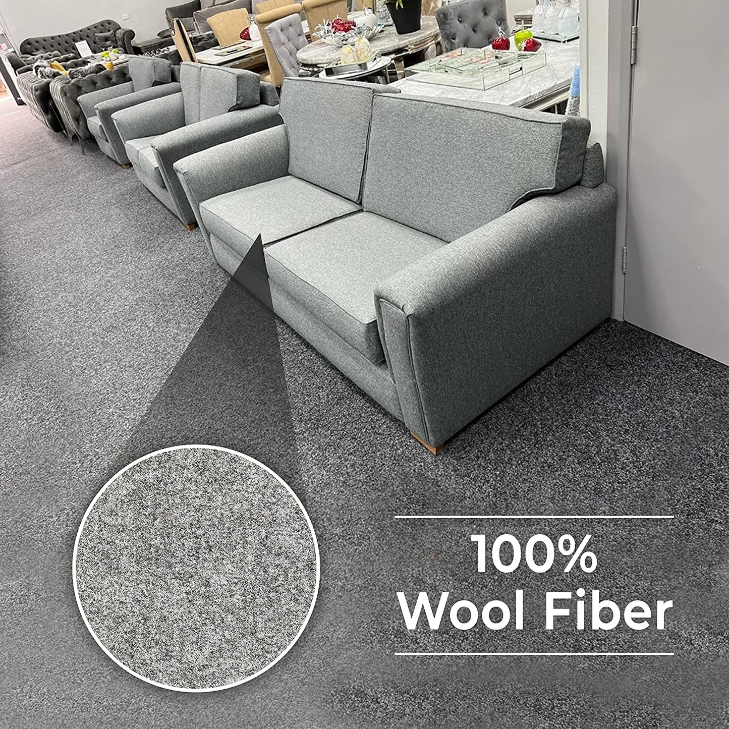 Stylishs Wool Fabric Sofa – Fully Upholstered in Grey Wool Patterns – Plush Cushions to Relax – Solid Build with Rounded Arms